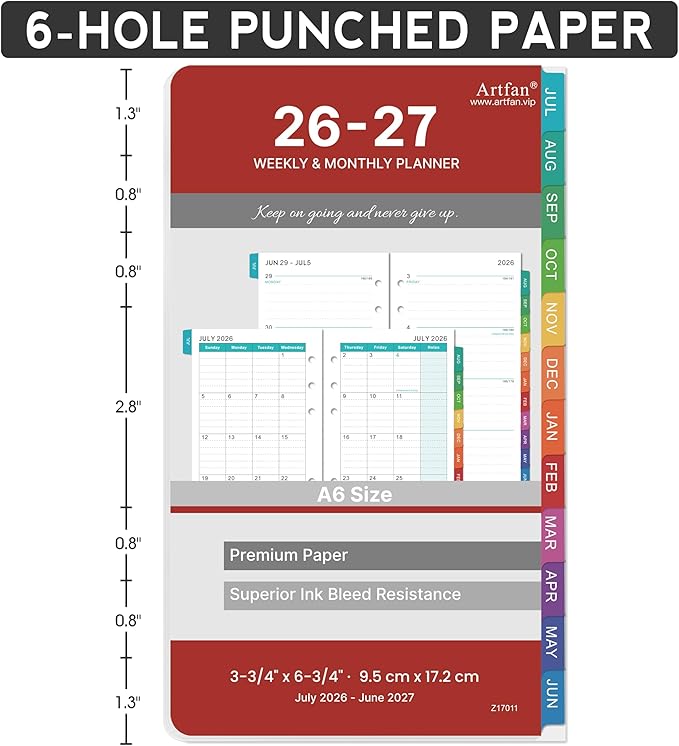 2026-2027 Planner Refills - Planner Refills 2026-2027 from JULY 2026 - JUNE 2027, Weekly and Monthly Calendar 26-27, 3.75 x 6.75 inch, 6 Holes, A6 Size - Red