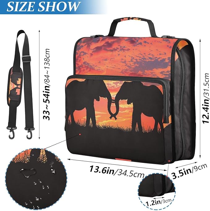 ALAZA Couple Elephant Sunset 3 Ring School Zipper Binder Bag Expanding File Folder Case Briefcase with Shoulder Strap