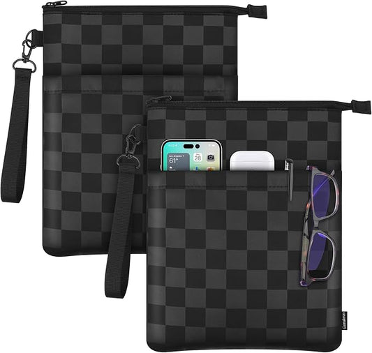 Book Sleeves with Zipper, Travel Book Protector Pouch for Paperbacks & Hardcover Books, Book Covers Bags Carry Case/Front Pocket & Handle Strap for Book Lovers Mother's Day (Black with Block, 2 Pcs)