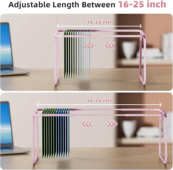 Marbrasse Hanging File Folder Frame, Adjustable Letter Size File Holder 16-25 Inches, Metal File Cabinet Rails for Office, Home, School, 2P(Pink)