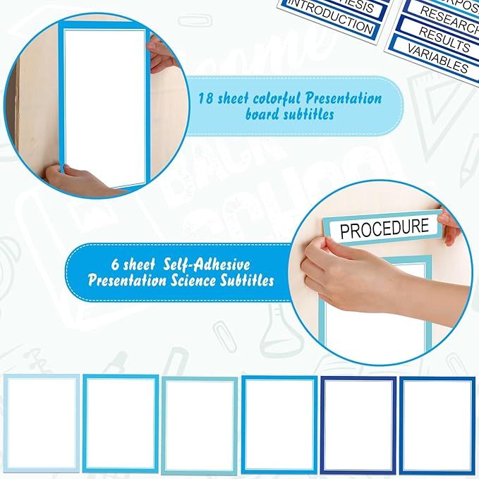 24 Sheets Science Board Supplies 18 Self Adhesive Presentation Science Subtitles & 6 Project Titles Board Sticker for School Office Supplies (Ocean Blue)