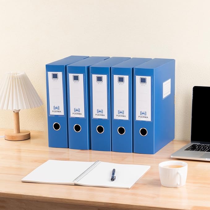 Storage File Boxes A4, 5 Pack Foldable Plastic Archives Cases with Lid, 30.8 x 23.5 x 7.5cm, Document File Folder Organizer Storage Filing Box for Office School, Blue