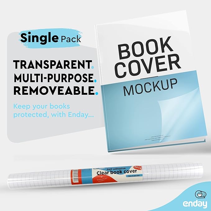 Enday Contact Paper Clear, 13.5” x 5-Feet, Transparent Self Adhesive Book and Textbook Covers for Paperbacks and Hard Covers, Plastic Protective Covering Contact Paper Roll, Acid Free