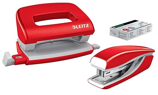 Leitz WOW Mini Desk Set Stapler and Punch, Staples or Punches up to 10 Sheets, 1000x P2 No. 10 Staples Included, Red, 55612026