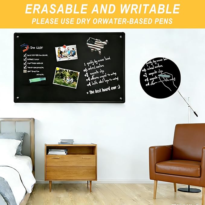 16" x 12" Magnetic Board, Black Magnet Bulletin Board to Display Magnetic Letters, Suitable for Wall, Refrigerator, Compartment, Cabinet etc, with Dual Lock Tape and Screws for Easy Hanging