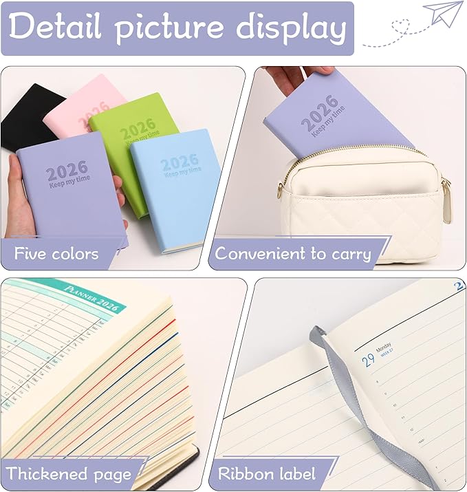 2026 Small Academic Planner Soft Leather Bound 3.9" x 5.5" Weekly and Monthly Calendar Planner Hardcover Cute Planner Goal Habit Tracker Organizer Planning Book with Tabs ,Daily Schedule School Office Schedule for Women Men (Bright purple)