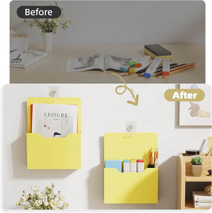 2 Pack Magnetic File Holder - Paper Holder, Pocket Organizer,Hanging Wall File Organizer Office Supplies Storage, Magazine Mail Organizer Case for Notebooks,Planners,Letter (Yellow)