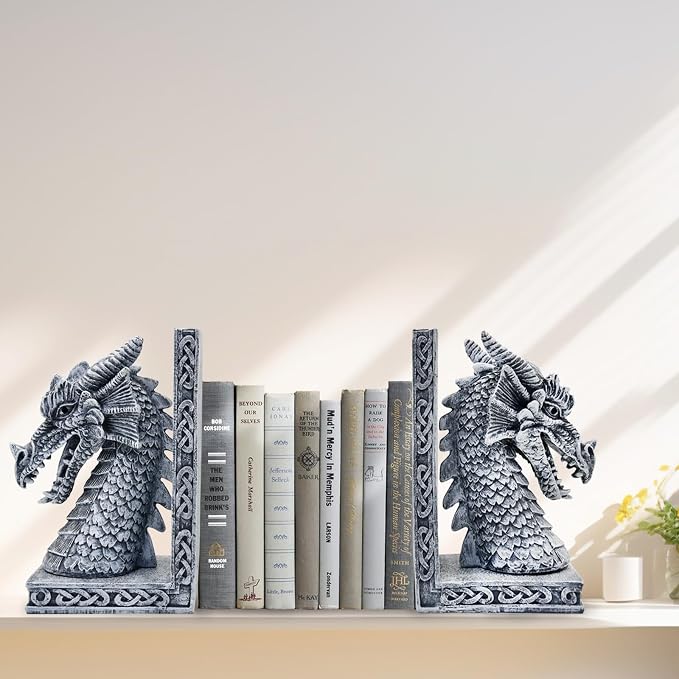 Dragon Bookends for Shelves Set of 2 - Heavy Book Ends Book Supports for Shelves - 4.15 "x 3.25 "x7 Unique Dragon Design Grey（10 Inch
