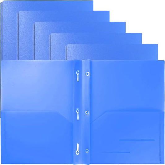 Youngever 6 Pack Heavy Duty Plastic Two Pocket Folders with 3 Prongs, Metal Prongs Fastener, Heavy Duty Plastic 2 Pocket Folder (Blue)