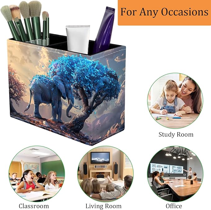 Pen Holder for Desk, PU Leather Multifunctional Desktop Storage Box and Anti-Slip Mouse Pad Set, Makeup Brush Holder Pen Organizer for Office and Home - Leaves and Elephants