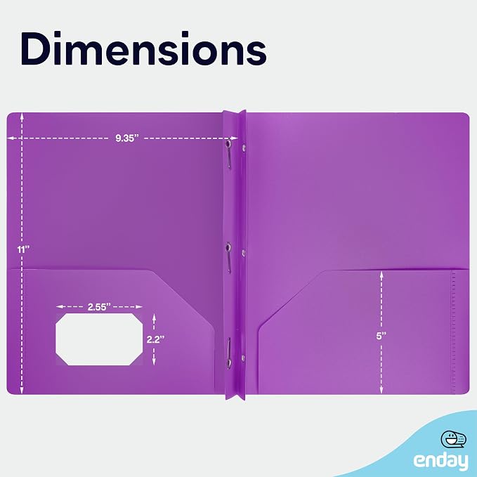 Plastic Folders with Pockets and Prongs, Two Pocket Folder with Brads, 3 Prong Folders with Pockets for Letter Size Sheets, Asstd Colors in Purple, Blue, Green, Yellow, Orange & Black, 6 Pc –by Enday