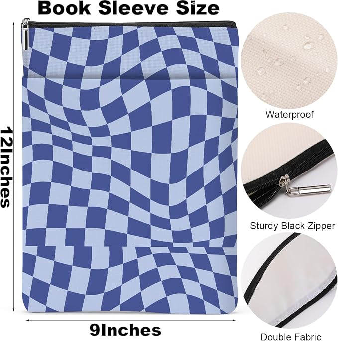 Wave Blue Plaid Book Lovers Gifts Book Sleeve Vintage Checkered Waterproof Book Cover Book Pouch Book Protector with Front Pocket Book Club Christmas Birthday Gifts for Women Girl Book Accessories