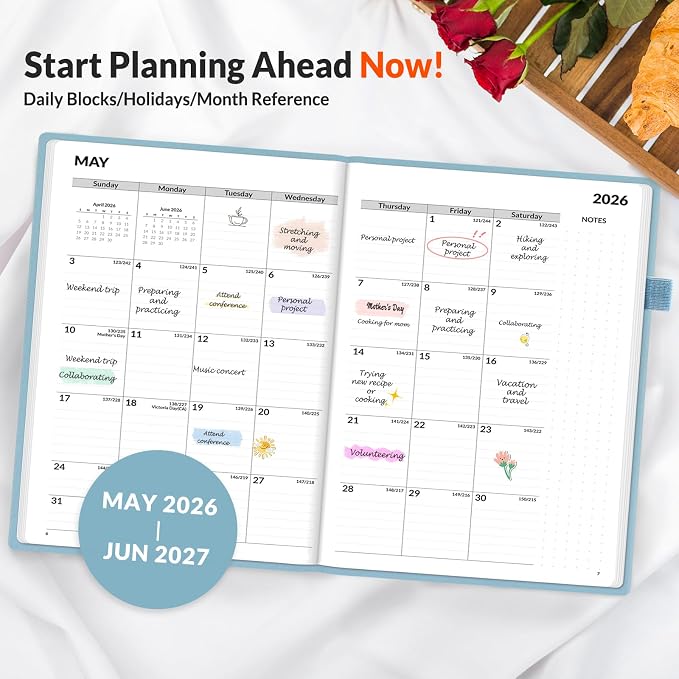 SUNEE 2026-2027 Weekly & Monthly Hardcover Planner 5.5" x 8.3" - 12 Month (July 2026 - June 2027), Small Academic Year Calendar Planner, Pocket, Notes, 100 GSM Paper, Sage Blue