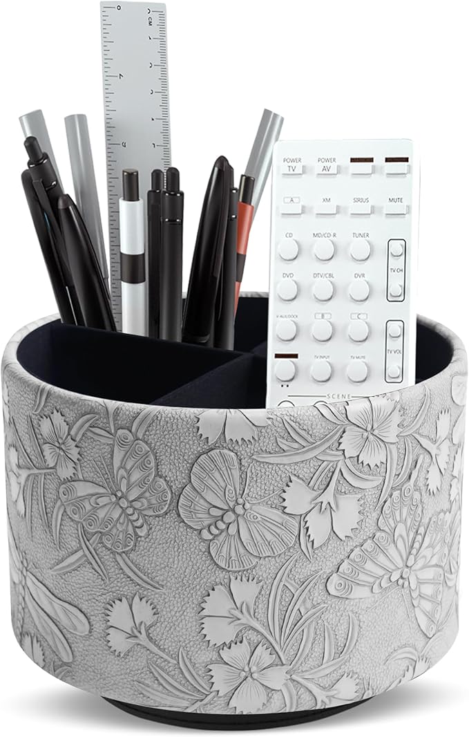 Round Leather Art Supply Organizer,Remote Control Holder,360-degree Rotating Pen Organizer with 4 Compartments(1-Butterfly Grey)