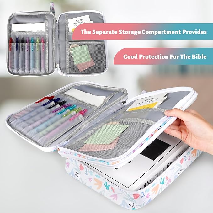 Bible Bag for Girls Organizer - Dual Zipper Compartments with 7 Pen Slots for Church Bible Study, Christian Gift for Teen (Floral-White)