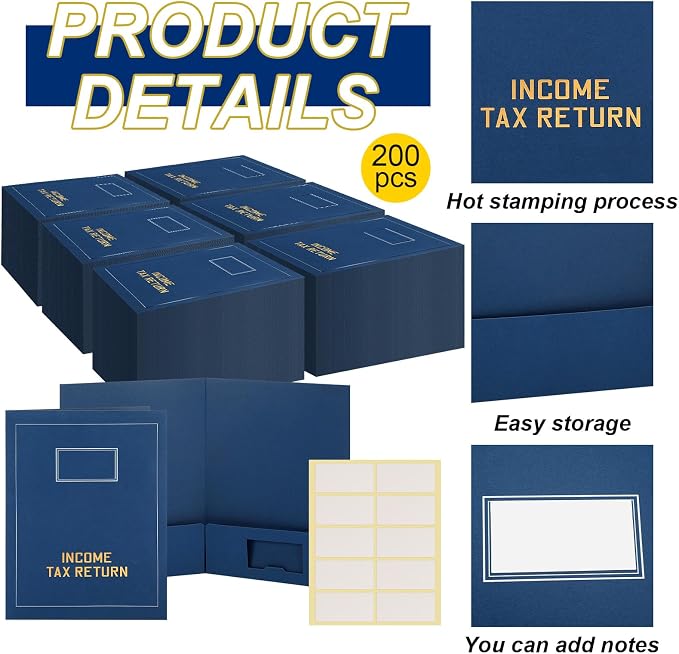 Kisston 200 Pcs Tax Return Folders Bulk 2 Pocket Gold Foil Stamped Income Tax Folders with Labels Business File Office Blank Organizer (Blue)