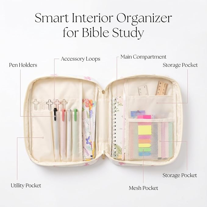 Bible Cover Set with Handle, Large Quilted Bible Bag for Women Girls, Bible Study Supplies Kit with Tabs, Pens, Sticky Notes, Study Planner & Scripture Cards, Christian Gifts for Devotional Journaling