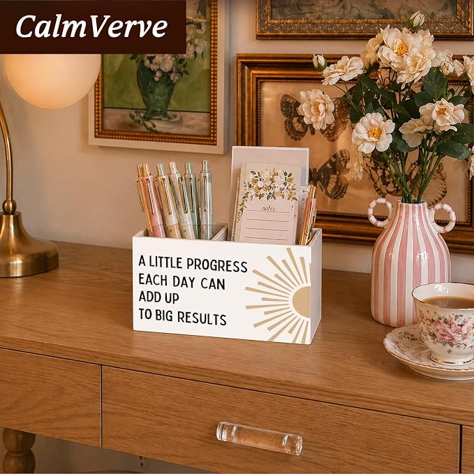 Boho Classroom Pen Pencil Holder for Desk, A Little Progress Each Day Can Add Up To Big Results Motivational Wooden Box Sign Decorations for Kids Room Bedroom Playroom Desk Tabletop