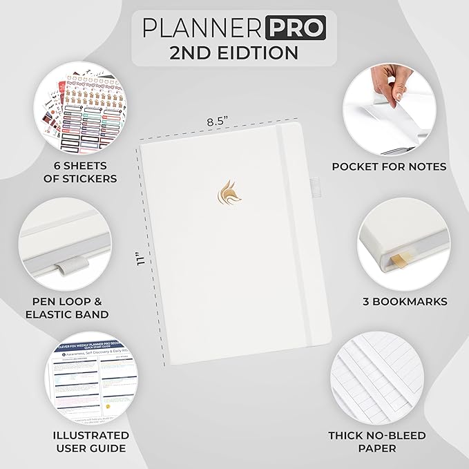 Clever Fox Planner PRO 2nd Edition – Undated Weekly Agenda Planner for Setting Goals, Tasks & Time Management – Life Organizer with To-do Lists & Habit Trackers – Large Format, 8.5x11″ (White)