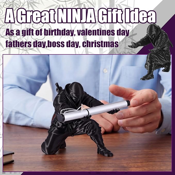 Tenceur 3D Printed Ninja Pen Holder, Black Ninja Warrior Samurai Desk Organizer with Sword, Cool Figurine Pen Stand for Men Dad Father Office Home Back to School Classroom Funny Gag Gift