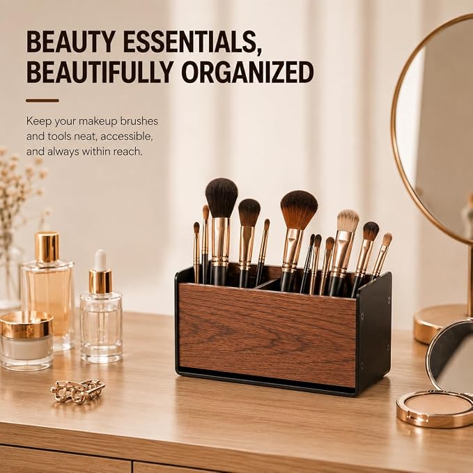 Walnut Desk Organizer with 2 Compartments, Modern Multi-Purpose Storage Box for Office Supplies, Makeup Brushes, Remote Controls & Desk Accessories(2 Slot)