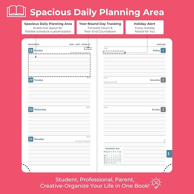 Weekly Monthly 2026-2027 Planner (July 26-Dec 27),6.5"x3.75",18 Months Agenda Plan with Month Tabs & Pocket,Expenses/Note Pages, Academic Calendar with Vegan Leather Cover,Rose Red