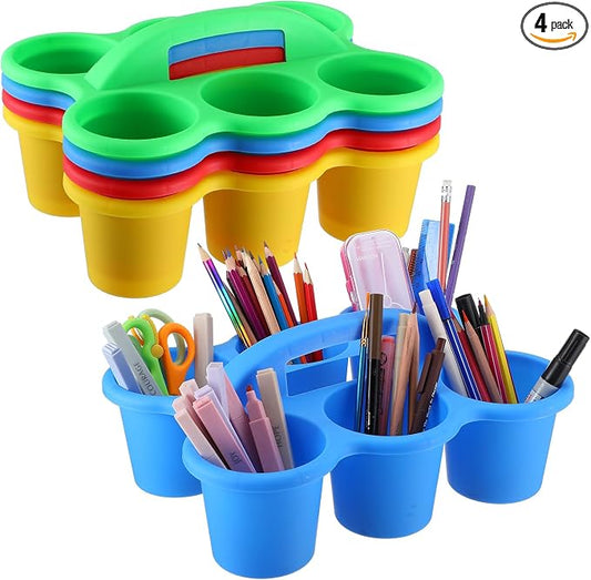 Reallnaive 4 Pack Classroom Caddy Plastic Cup Crayon Pen Holder with Handle, 6-hole Cup Storage Art Caddies Table Organizer for Drink Delivery Pencil Pen School Office Art Crafting (Classic Colors)