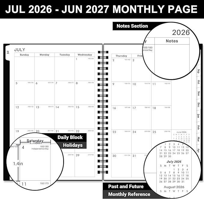 Planner 2026-2027 - Academic Planner 2026-2027, July 2026 - June 2027, 6.3” x 8.4”, Weekly and Monthly Planner, 12 Monthly Tabs, Flexible PP Cover, Inner Pocket, Notes Pages, Holidays - Classical