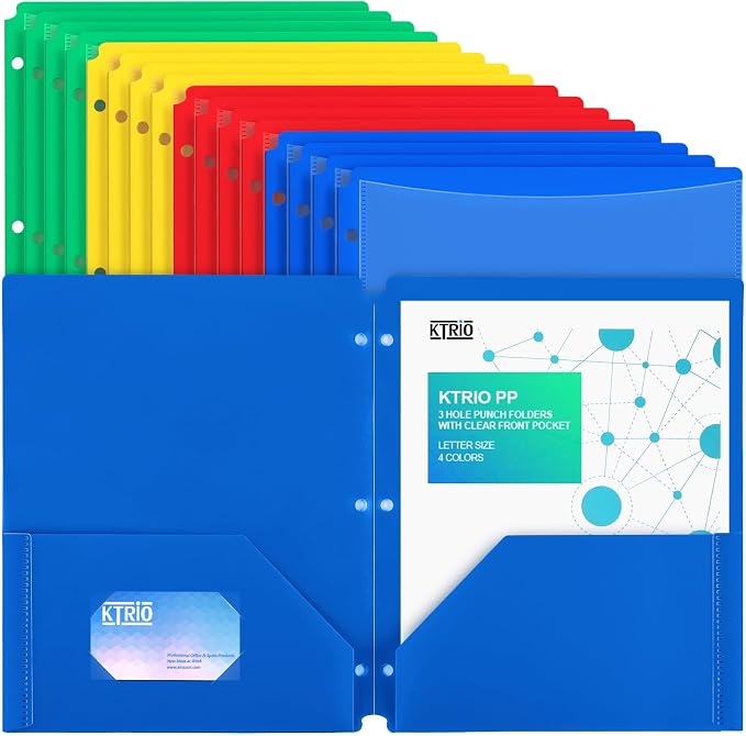 KTRIO 16 Pack 2 Pocket 3 Prong Folders, Clear Front Pocket, 4 Colors | Letter Size Fit, Water-Resistant PP, Business Card Slot, 2 Pocket Storage, School Office Use