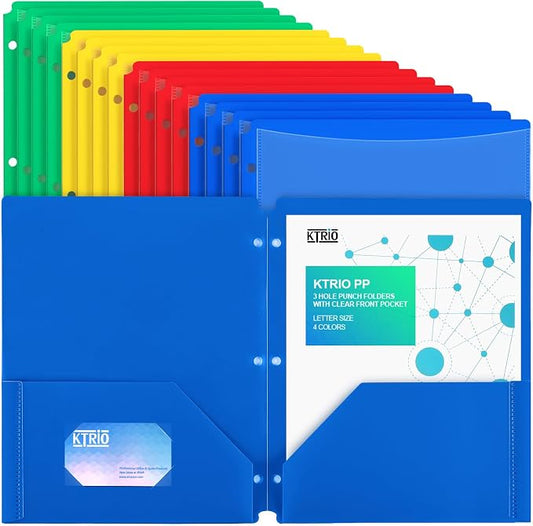KTRIO 16 Pack 2 Pocket 3 Prong Folders, Clear Front Pocket, 4 Colors | Letter Size Fit, Water-Resistant PP, Business Card Slot, 2 Pocket Storage, School Office Use