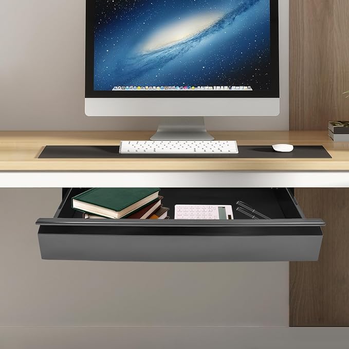 22 Inches Under Desk Mounted Sliding Pull-out Drawer Storage Drawer for Sit Stand Workstation Office Desk(Applicable Table Thickness: 0.79in) Black