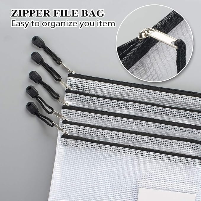 Sooez 20 Pack Mesh Zipper Pouch Bags, A4 Letter Size Zipper Bag with Label Pocket, Waterproof Bag for Classroom Organizer, School Office Supplies, Storage Pouches for Board Game Toy Storage, Black