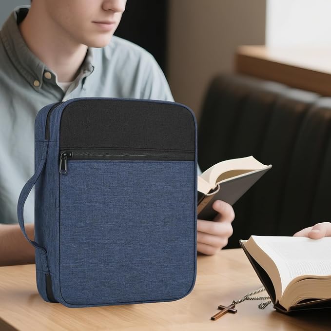 Bible Cover for Men Bible Book Cover Canvas Carrying Case Book Protector Case Large Bible Cover with Durable Handle Bible Study Supplies Accessories Christian Gifts (Blue, Large)