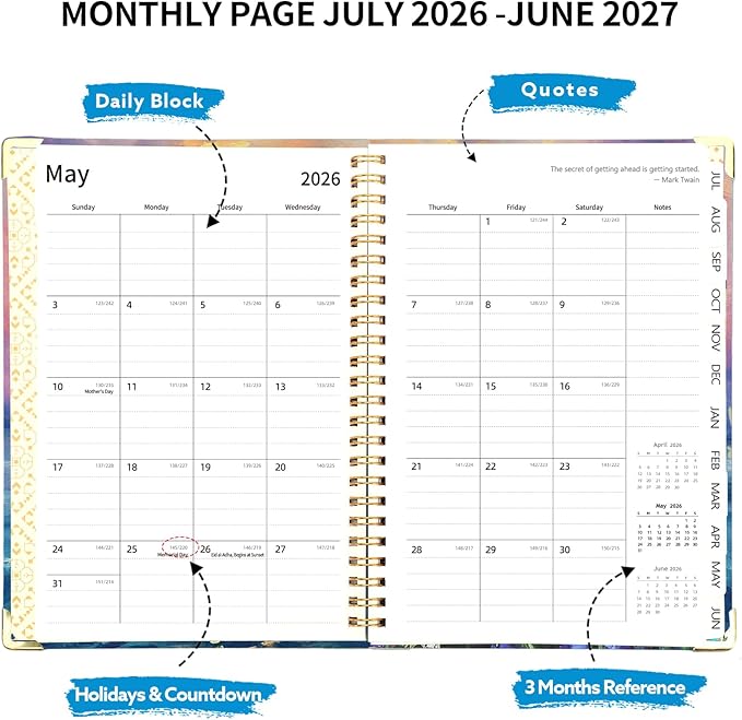 2026-2027 Planner, Weekly and Monthly Planner, July 2026-June 2027, Calendar Planner A5 (6.1" x 8.4") with Tabs, Inner Pocket for Home School Office Supplies, Sunrise