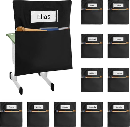 12PCS Chair Pockets for Classrooms 18 x 20 inch | Oxford Black Chair Back Buddy Pockets with Name Slot & Tags, Back of Chair Organizer for Classroom Chairs Seat Storage