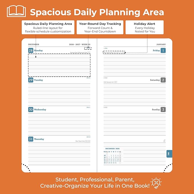 Weekly Monthly 2026-2027 Planner (July 26-Dec 27),6.5"x3.75",18 Months Agenda Plan with Month Tabs & Pocket,Expenses/Note Pages, Academic Calendar with Vegan Leather Cover,Orange