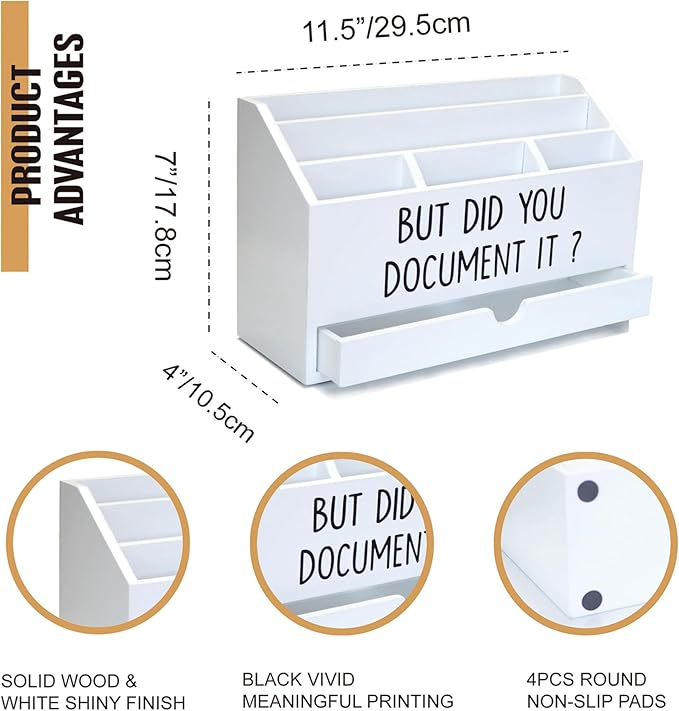 EXQUIDECA Wooden White Rustic Countertop Mail Storage Holder with Drawer and Compartments - Office Desk Accessories and Workspace Organizers - Desktop Sorter for Pen Stationery Letter Files Documents