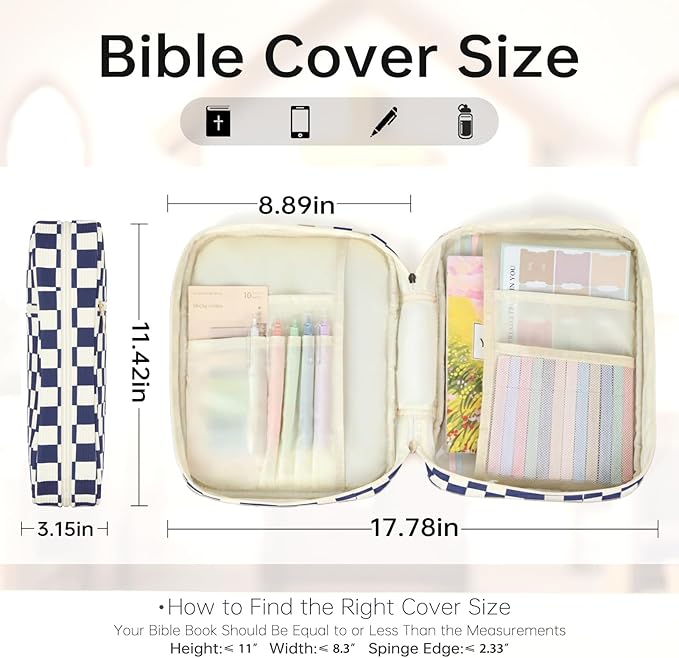 Bible Cover Case for Women Corduroy Bible Case for Girls Large Bible Cover with Handle Bible Study Supplies Accessories Christian Gifts for Women (Purple-Checkered, Medium)