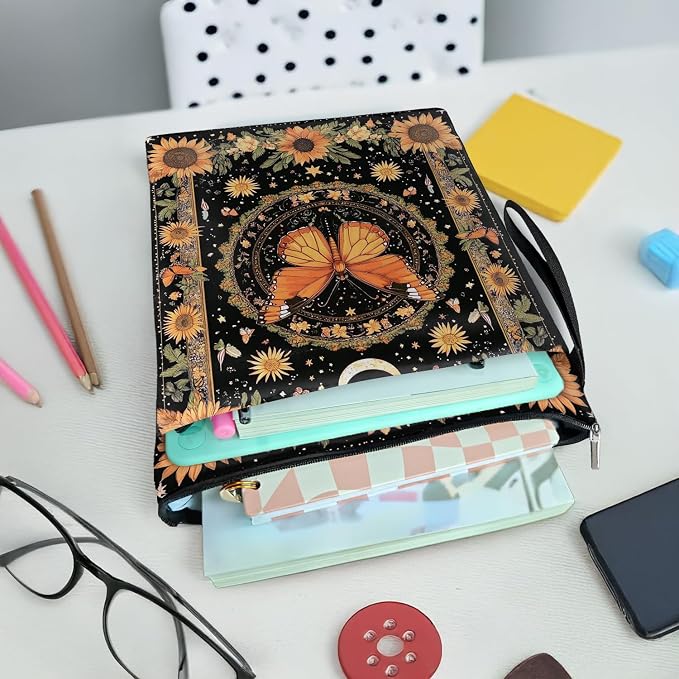 Vintage Floral Butterfly Book Cover, Waterproof Book Sleeve with Zippered Front Pocket Retro Flowers Book Pouch for Book Lovers, Christmas, Birthday, Graduation Gifts (Butterfly&Flower, Large)
