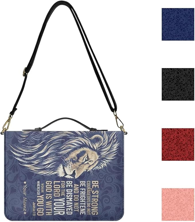 Personalized Bible Cover Case with Name, Custom Bible Bag with Strap and Handle, Lion Print Joshua 1:9 Book Organizer with Inner Pockets and Pen Loop, Biblia Study Supplies, XL(4 Colors)