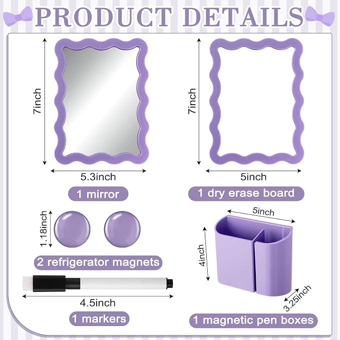 Jingmore Scalloped Magnetic Locker Accessories Kit Purple Back to School Essentials 6 Pieces Includes Whiteboard Mirror and Organizing Supplies Cute Locker Organizer Decoration for School