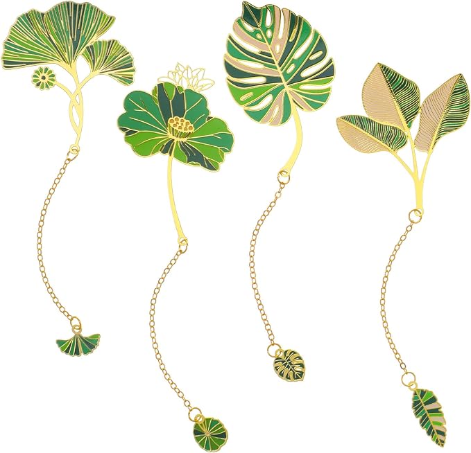 4 Pcs Metal Bookmarks, Lotus Leaf Plant Bookmark, Pendant Floral Metal Bookmark for Book Lovers, Cute Monstera Bookmarks for Teacher Writers Reader Gift, Gifts for Plant Lovers