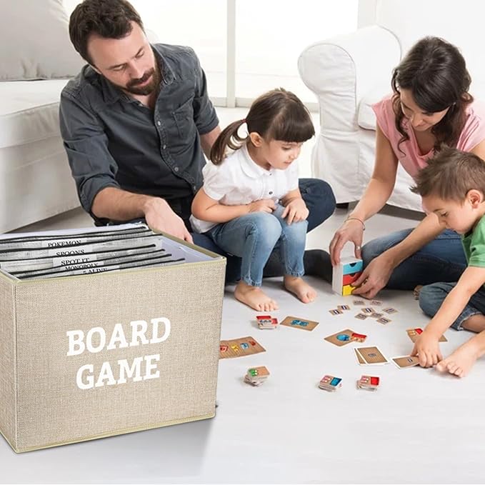 Board Game Storage Kit Include Storage Basket and 10pcs Zipper Bags, Board Game Organizer with Writable Stickers and Dispensing, Suitable for Puzzle, Document (1 Pack-Beige-Large)