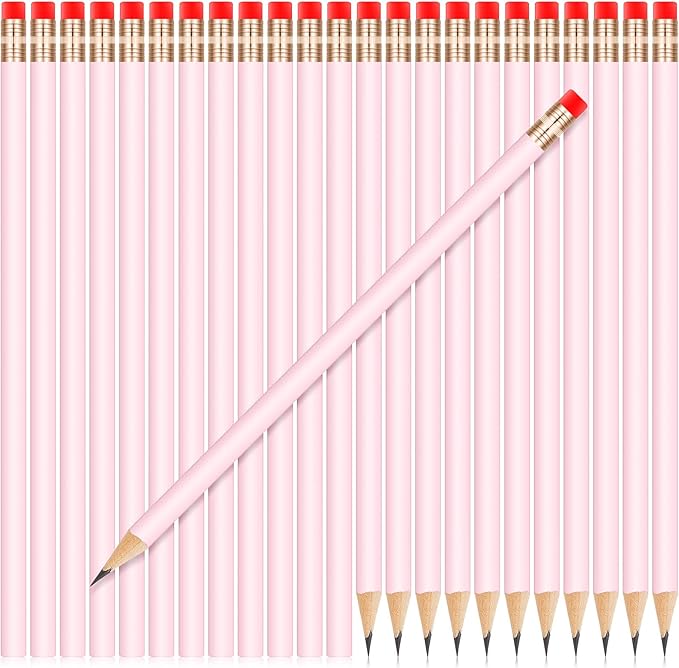 Outus 48 Pcs Pink Pencils Round Wooden 2 HB Pencils with Red Eraser Unsharpened Pencil Cute Pens for School Drawing Sketching Wedding Office Supplies