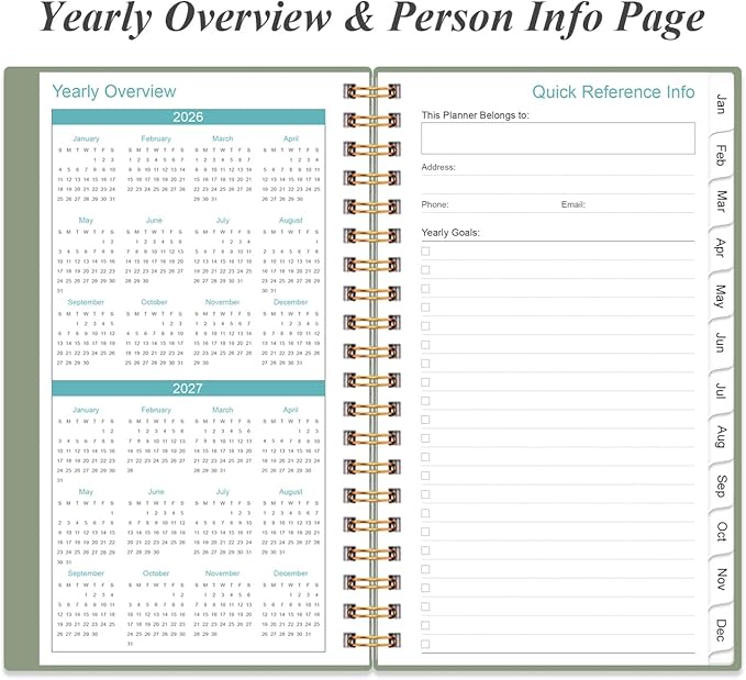 2026-2027 Monthly Planner - January 2026 - June 2027, Two Pages Per Month, 18 Monthly Calendar/Planner with Tabs, Strong Twin-Wire Binding, Inner Pocket, 3.75" x 6.5", Green