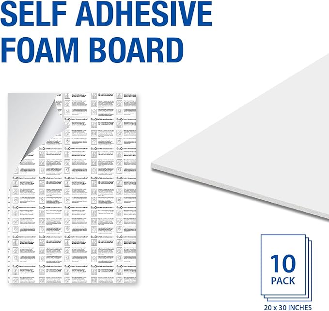 Royal Brites Self-Adhesive Foam Board White, 20" x 30", 10 Sheets – Peel & Stick, Lightweight Display Board for Crafts, Projects, Presentations