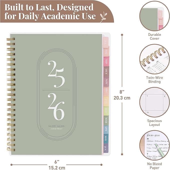 Rileys Academic Planner 2025-2026, Daily, Weekly & Monthly Planner, July 2025 - June 2026, Student Notes Pages, Twin-Wire Binding, Weekly Agenda for School & Work (8 x 6-Inches, Green)