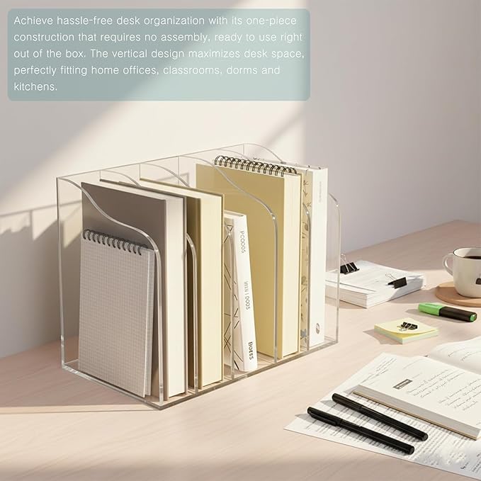 Acrylic Desk Organizer 5 Vertical Compartments Clear Magazine Holder Office Organization,Office Home Classroom File Organizer for Desk