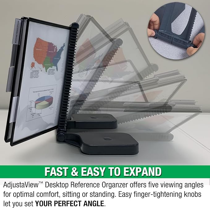 Ultimate Office AdjustaView 10-Pocket Desk Reference Organizer with Easy-Load Pockets and Compact Weighted Base for Maximum Stability (Colored Pockets)