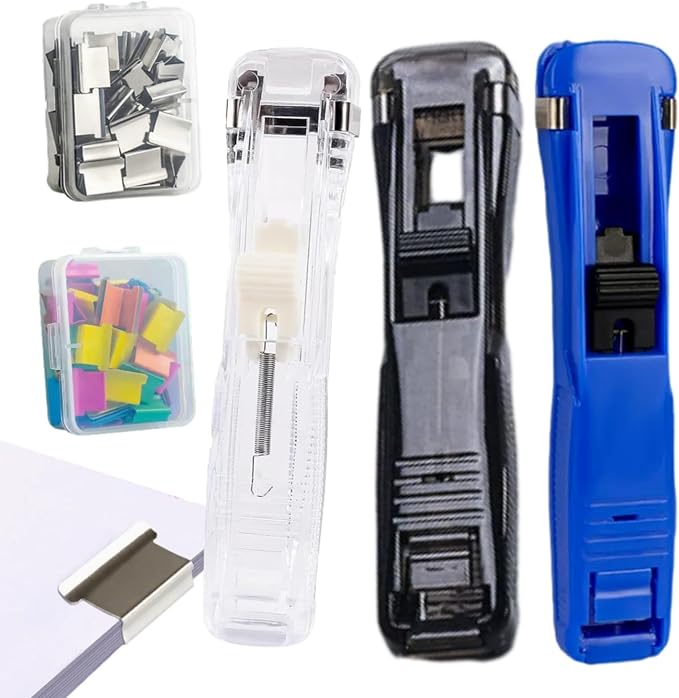 Portable Binder Clip Stapler, Includes 100 Reusable Clips, Mini Push Stapler Clamp Staplers for Desktop Document Home School Desk Office (Blue+White+Black)